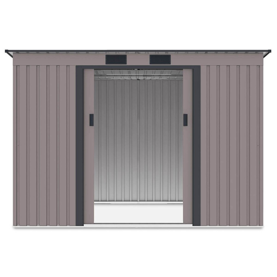 Widok na wnętrze domku narzędziowego OREGON 261x181cm Warm Grey przez otwarte drzwi