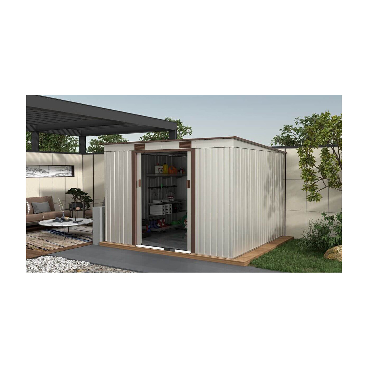 Aranżacja w ogrodzie narzędziowni OREGON 261x241cm w beżowym odcieniu