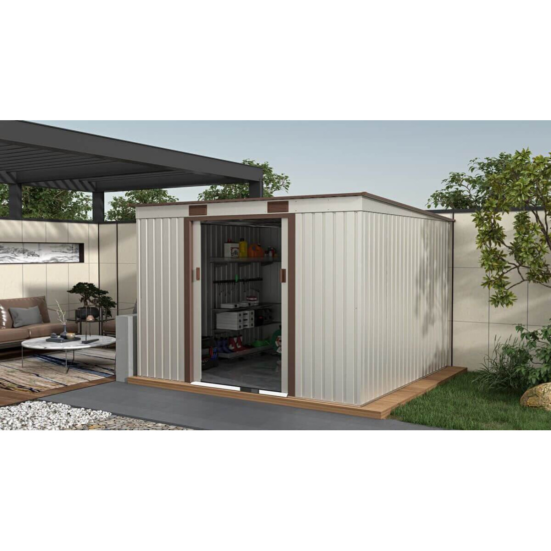 Aranżacja w ogrodzie narzędziowni OREGON 261x241cm w beżowym odcieniu