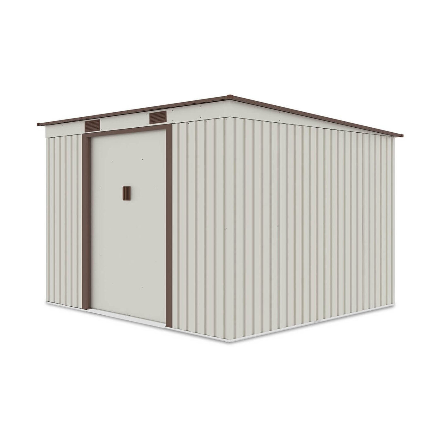 Widok z boku metalowego domku narzędziowego OREGON o wymiarach 261x241cm