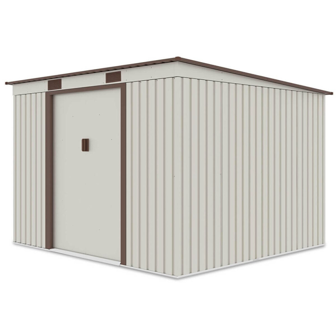 Widok z boku metalowego domku narzędziowego OREGON o wymiarach 261x241cm