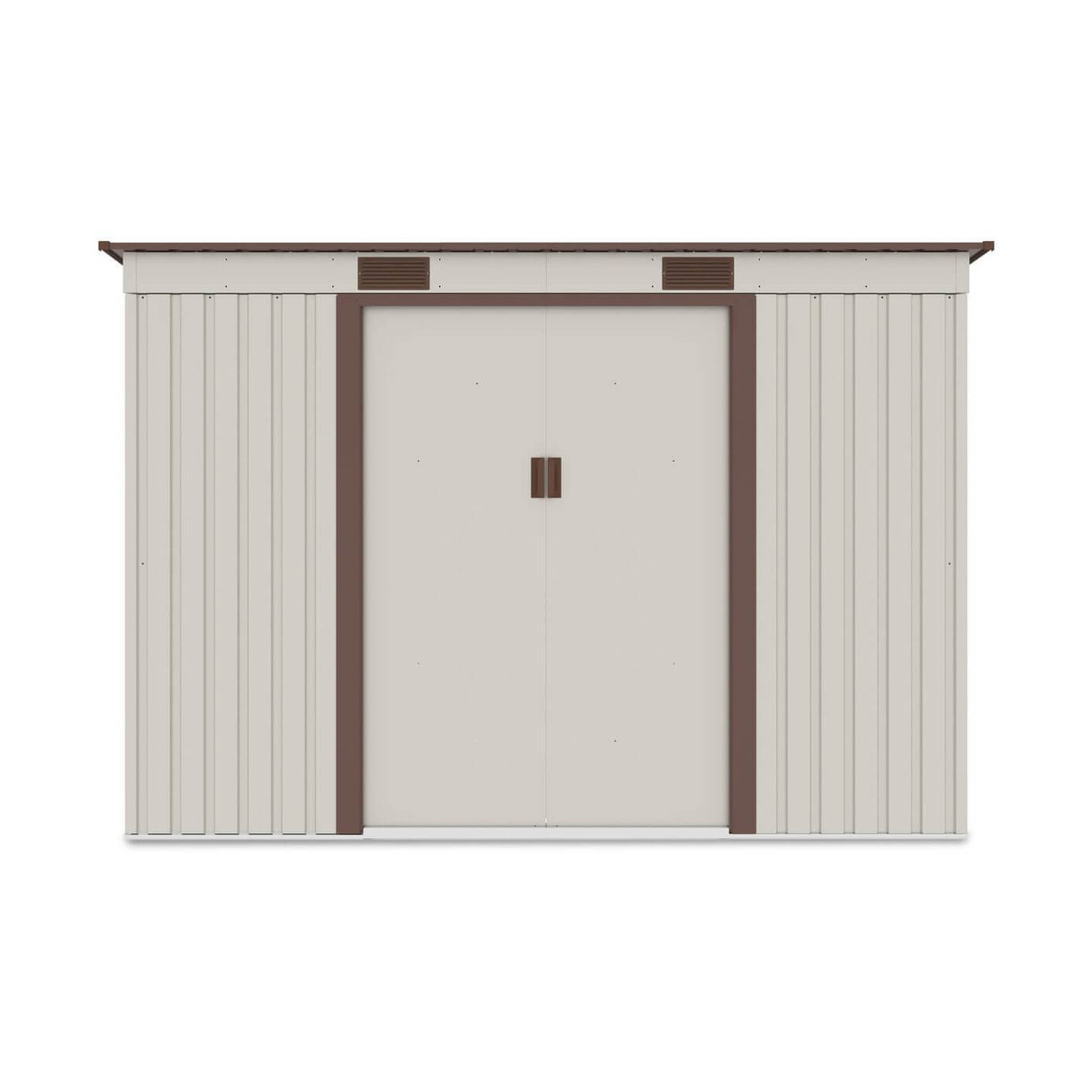 Widok z przodu domku narzędziowego OREGON 261x241cm w kolorze beżowym