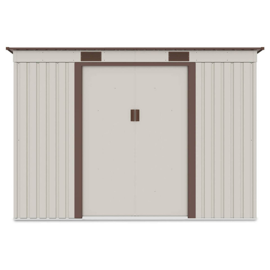 Widok z przodu domku narzędziowego OREGON 261x241cm w kolorze beżowym