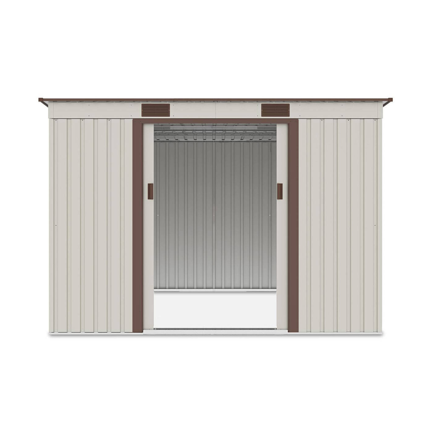 Widok na wnętrze domku narzędziowego OREGON 261x241cm Beige przez otwarte drzwi