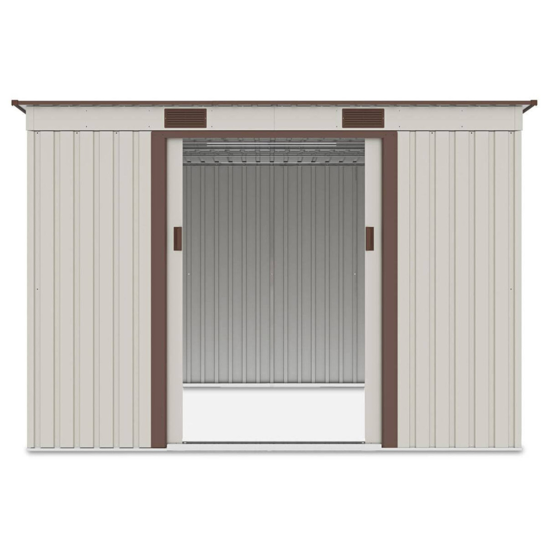 Widok na wnętrze domku narzędziowego OREGON 261x241cm Beige przez otwarte drzwi