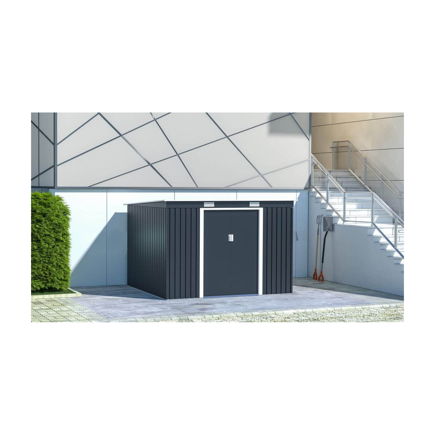 Aranżacja w ogrodzie narzędziowni OREGON 261x241cm w zimno szarym odcieniu