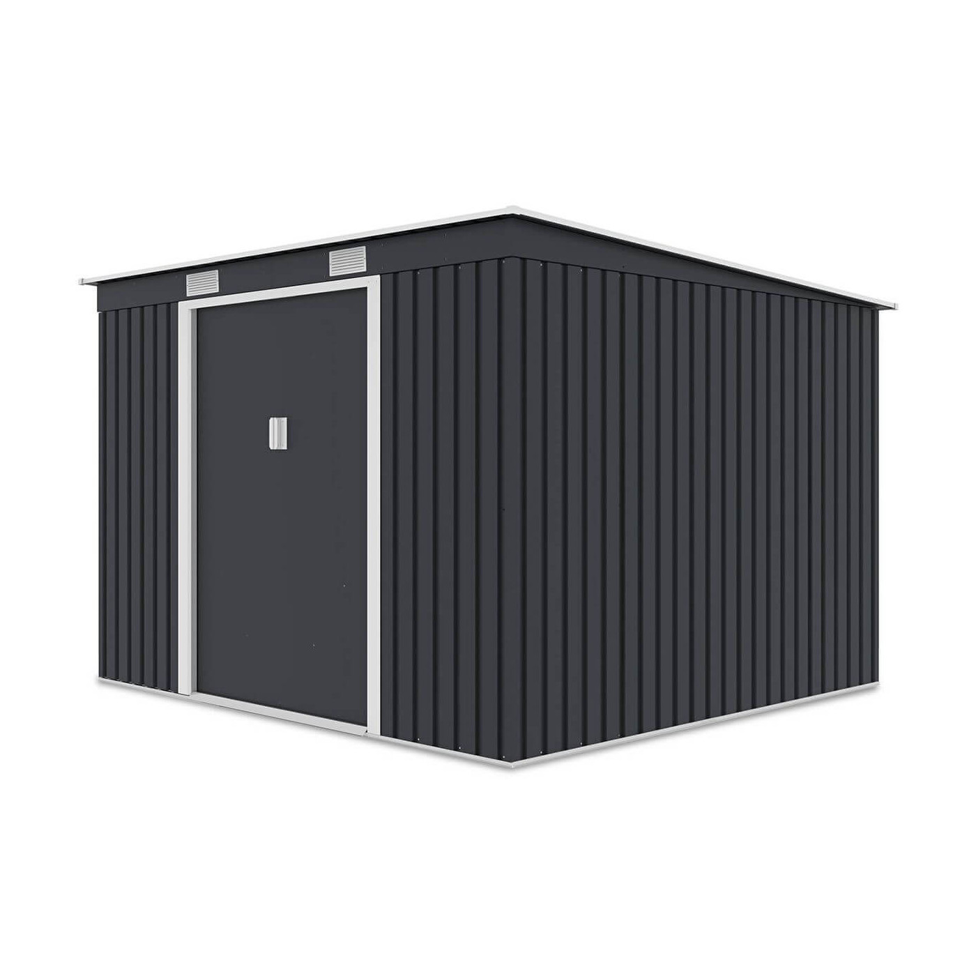 Widok z boku metalowego domku narzędziowego OREGON o wymiarach 261x241cm