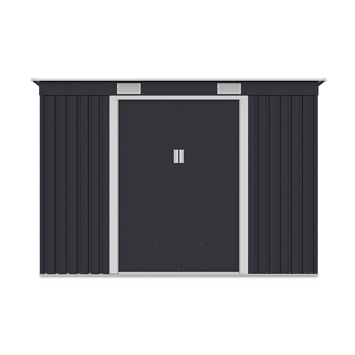 Widok z przodu domku narzędziowego OREGON 261x241cm w kolorze zimno szarym