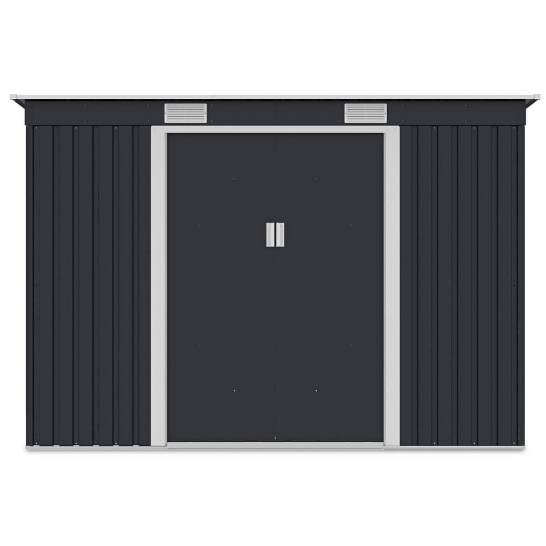 Widok z przodu domku narzędziowego OREGON 261x241cm w kolorze zimno szarym