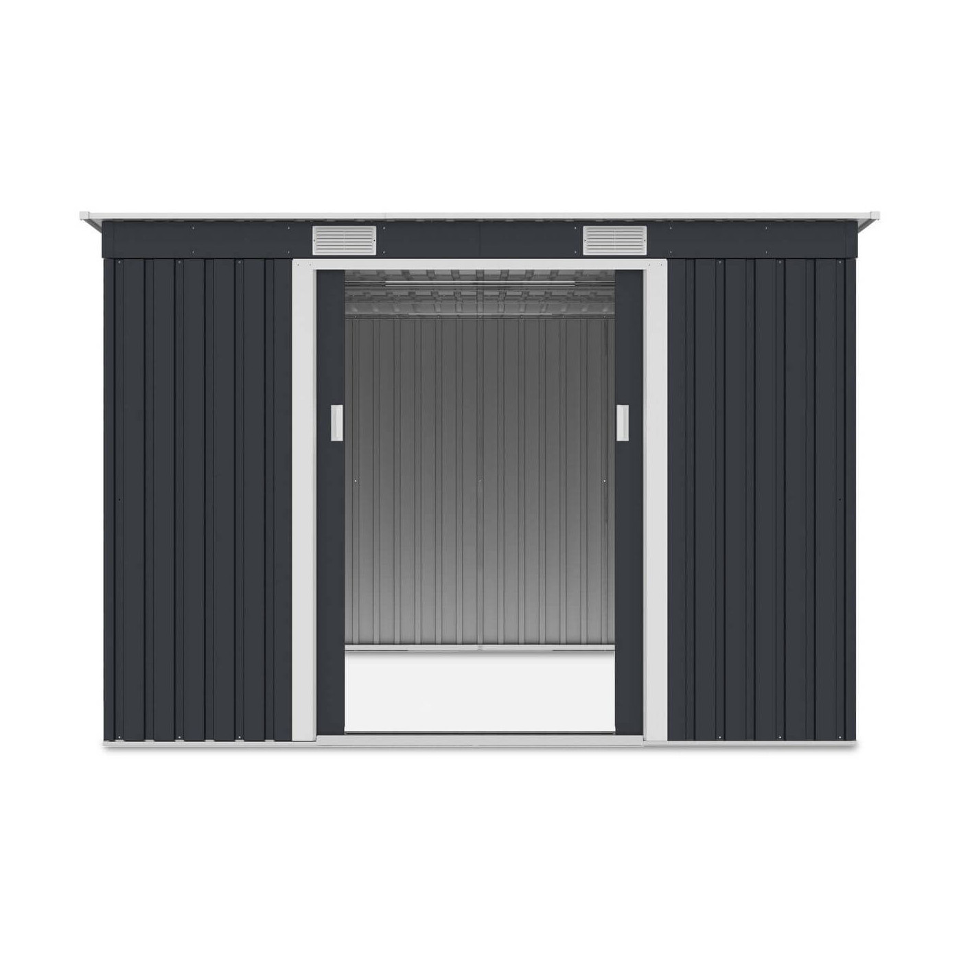 Widok na wnętrze domku narzędziowego OREGON 261x241cm Cold Grey przez otwarte drzwi