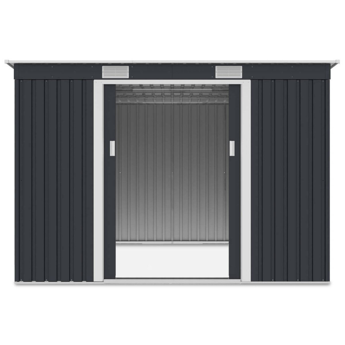 Widok na wnętrze domku narzędziowego OREGON 261x241cm Cold Grey przez otwarte drzwi
