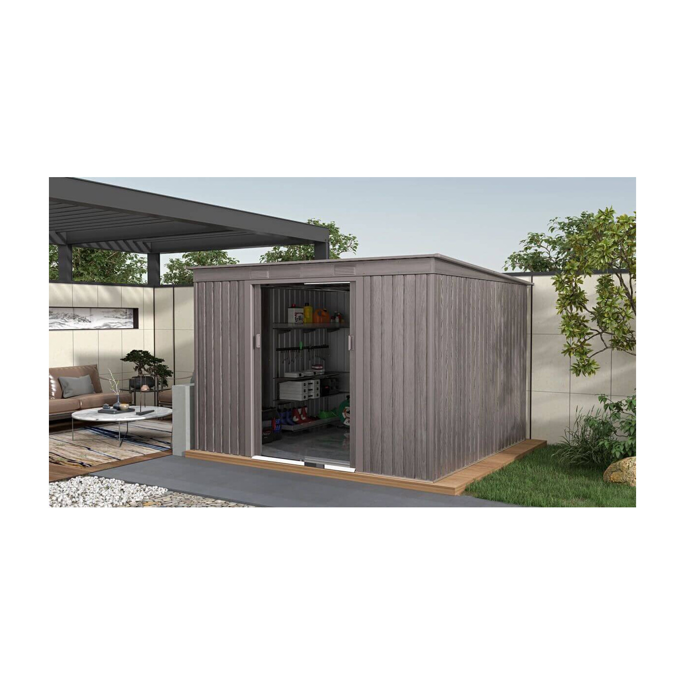 Aranżacja w ogrodzie narzędziowni OREGON 261x241cm w odcieniu jasnego drewna