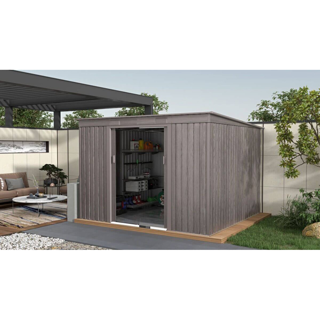 Aranżacja w ogrodzie narzędziowni OREGON 261x241cm w odcieniu jasnego drewna