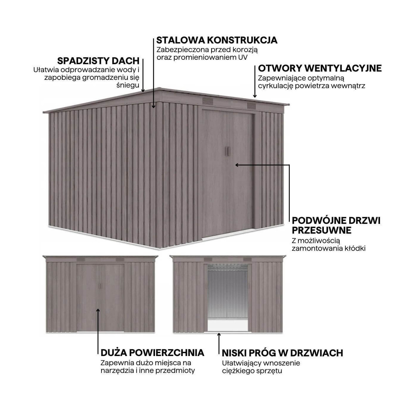Grafika przedstawiająca detale i funkcje domku narzędziowego OREGON 261x241cm