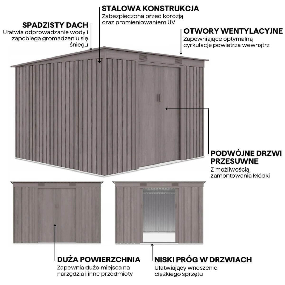 Grafika przedstawiająca detale i funkcje domku narzędziowego OREGON 261x241cm