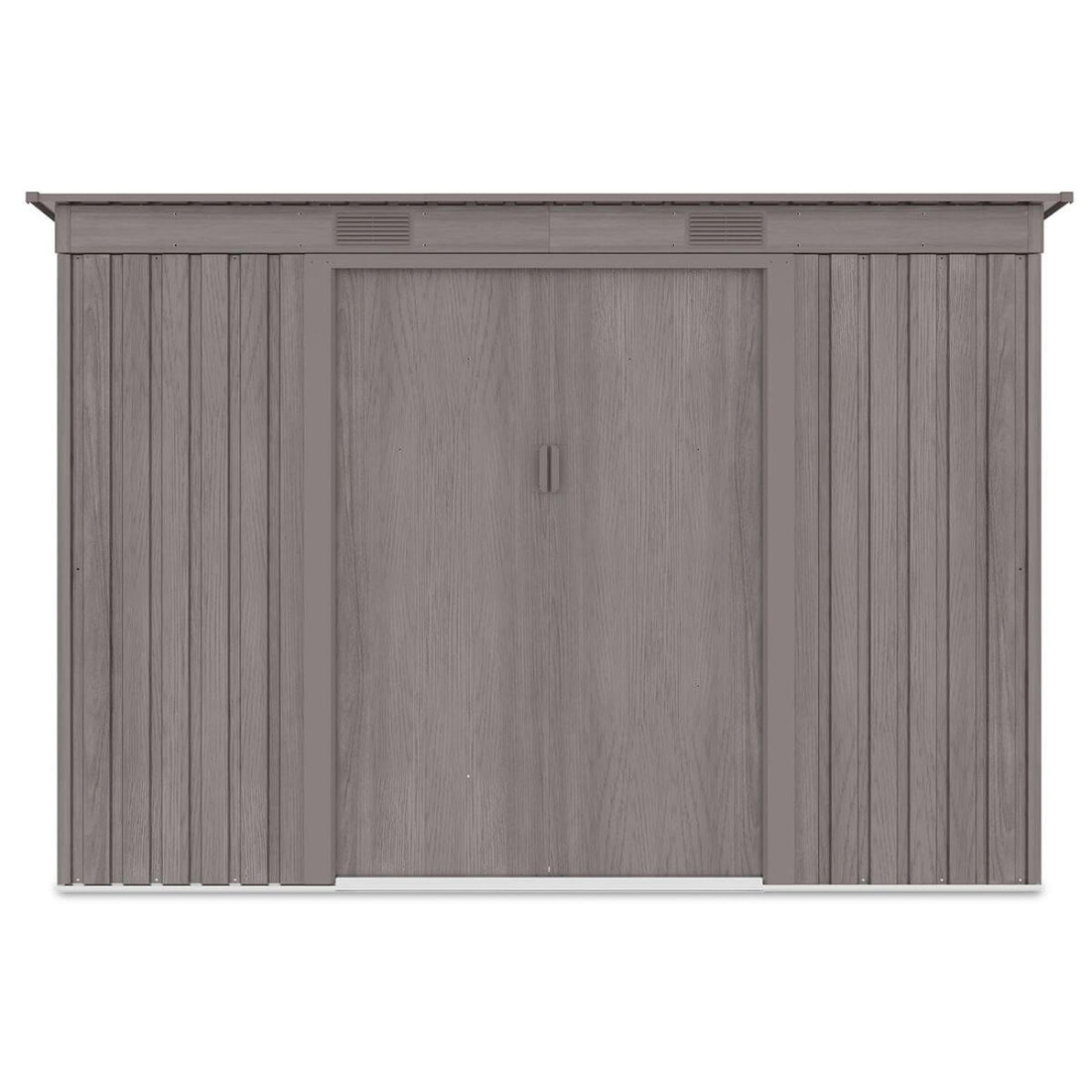 Widok z przodu domku narzędziowego OREGON 261x241cm w kolorze jasnego drewna