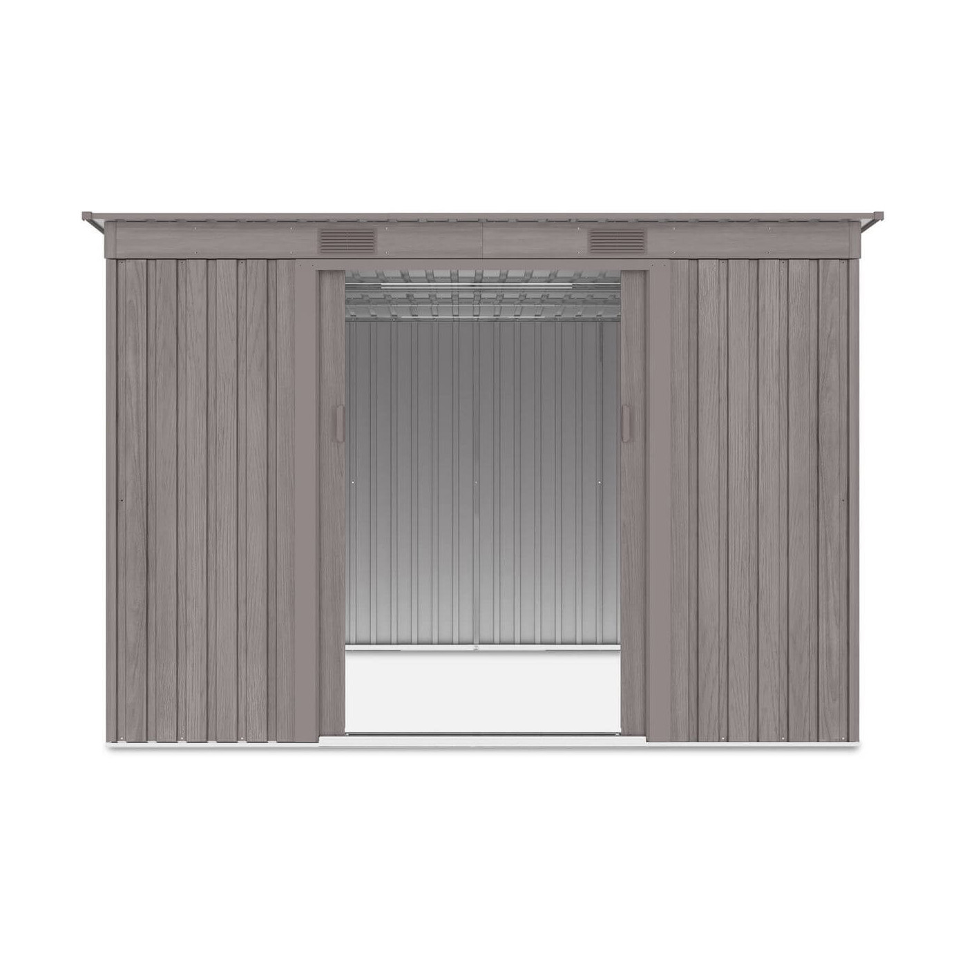 Widok na wnętrze domku narzędziowego OREGON 261x241cm Light Wood przez otwarte drzwi