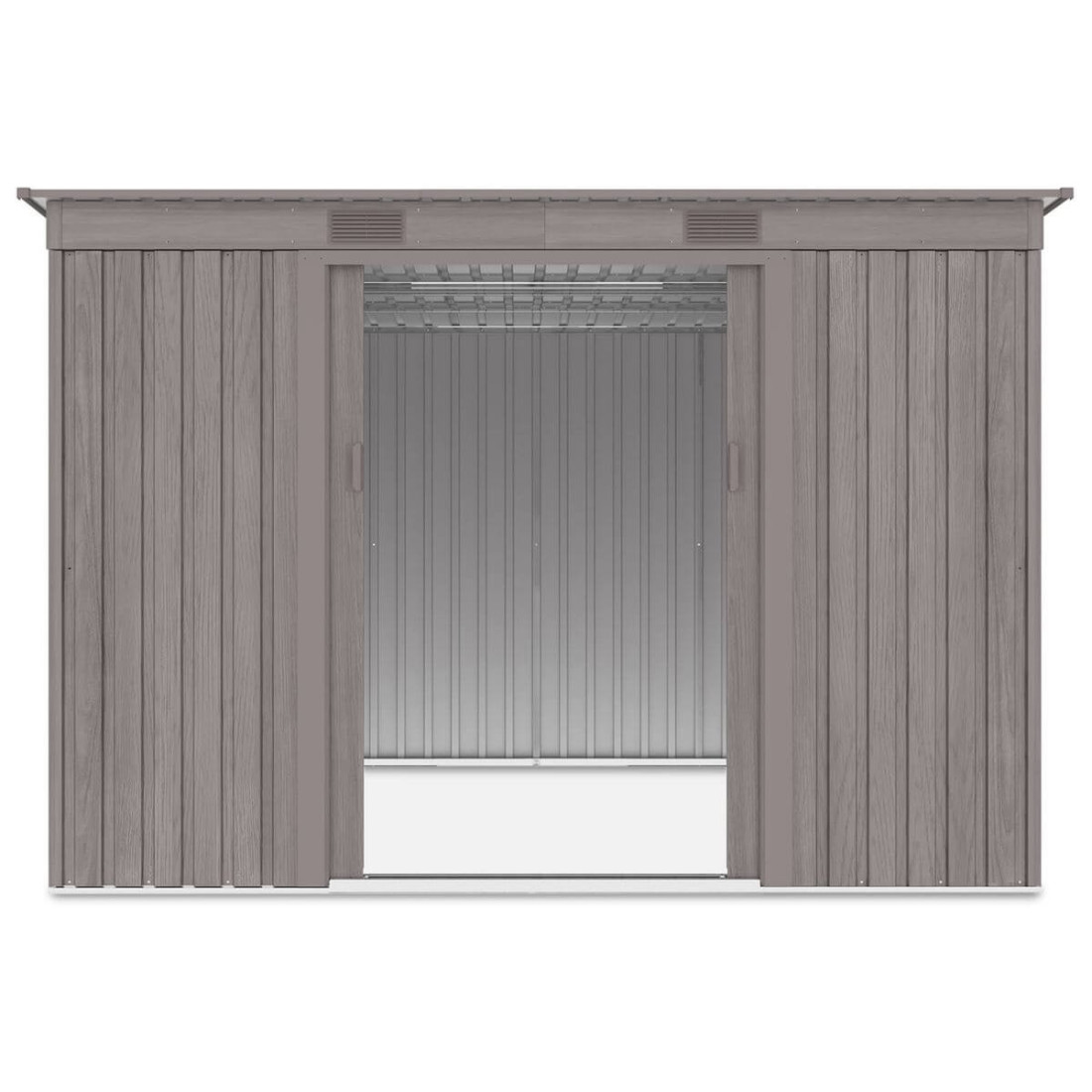 Widok na wnętrze domku narzędziowego OREGON 261x241cm Light Wood przez otwarte drzwi