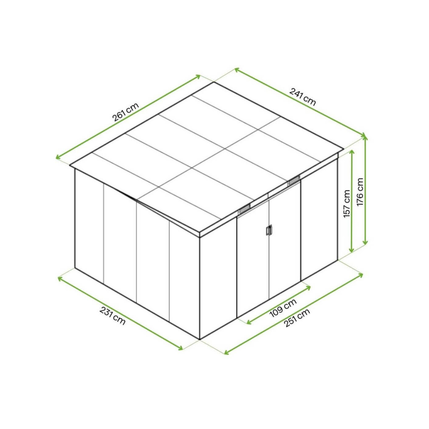 Rysunek z wymiarami domku ogrodowego OREGON 261x241cm od firmy Hardmaister