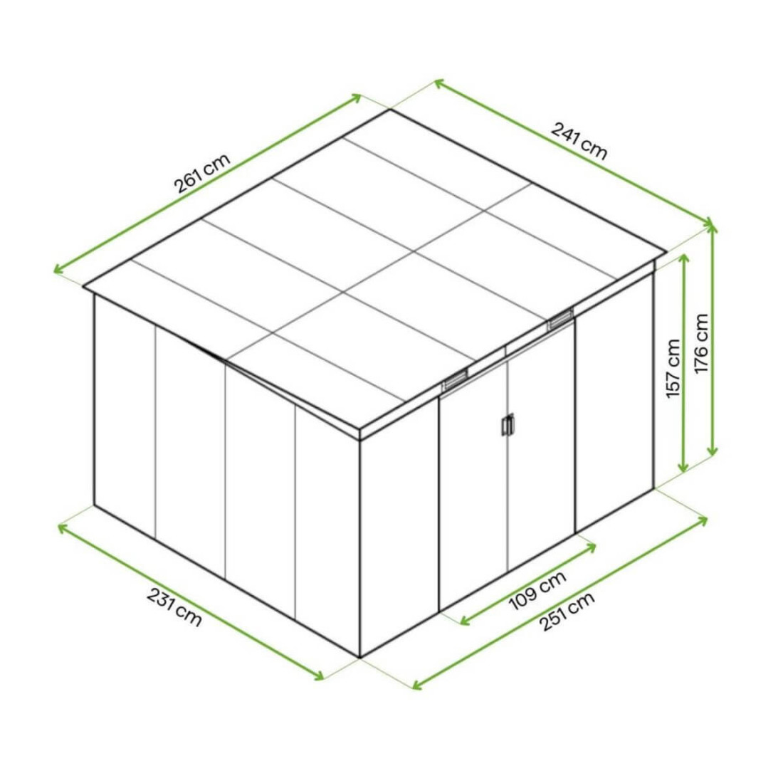 Rysunek z wymiarami domku ogrodowego OREGON 261x241cm od firmy Hardmaister