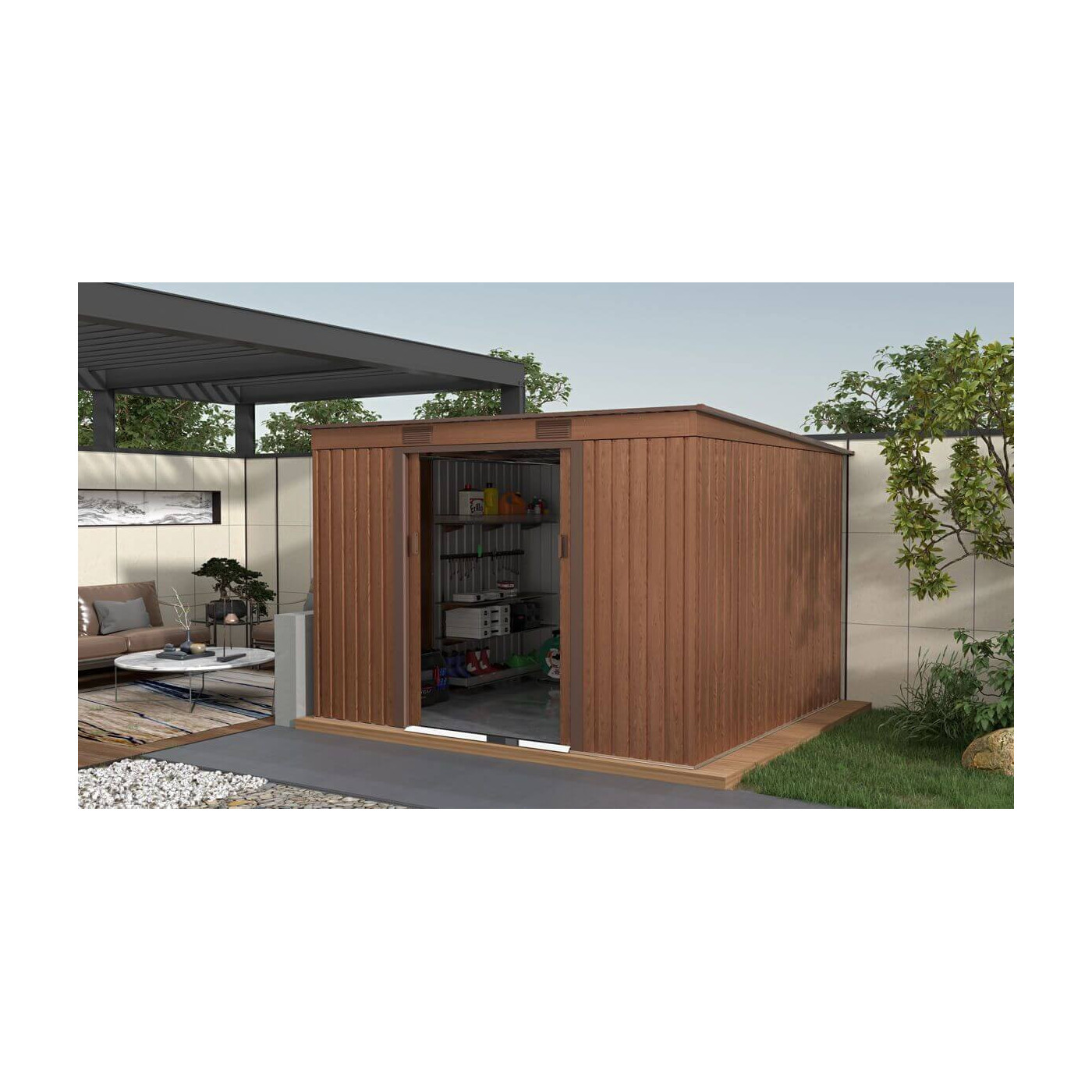 Aranżacja w ogrodzie narzędziowni OREGON 261x241cm w odcieniu orzecha włoskiego