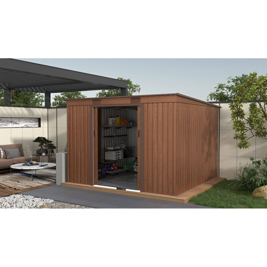 Aranżacja w ogrodzie narzędziowni OREGON 261x241cm w odcieniu orzecha włoskiego