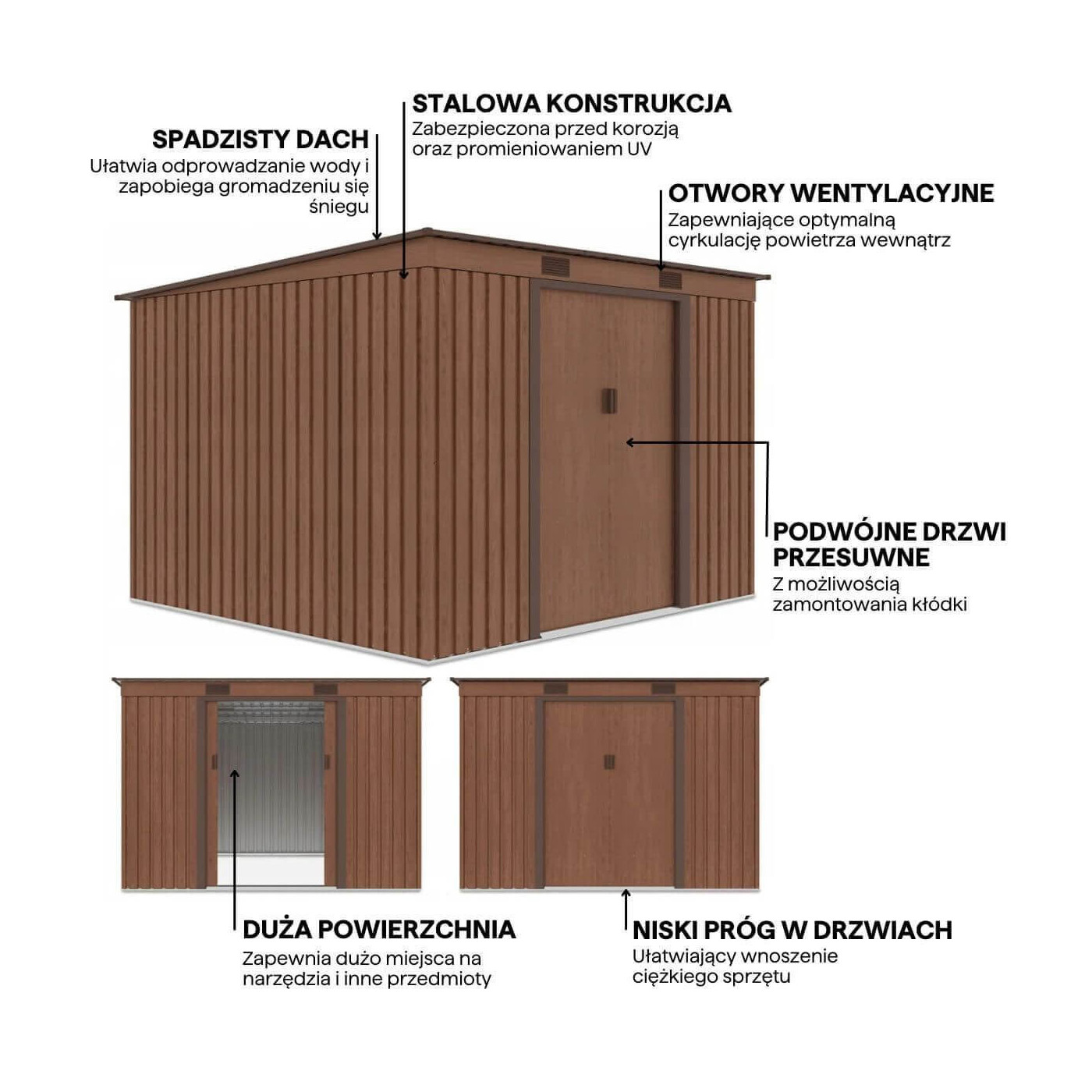 Grafika przedstawiająca detale i funkcje domku narzędziowego OREGON 261x241cm