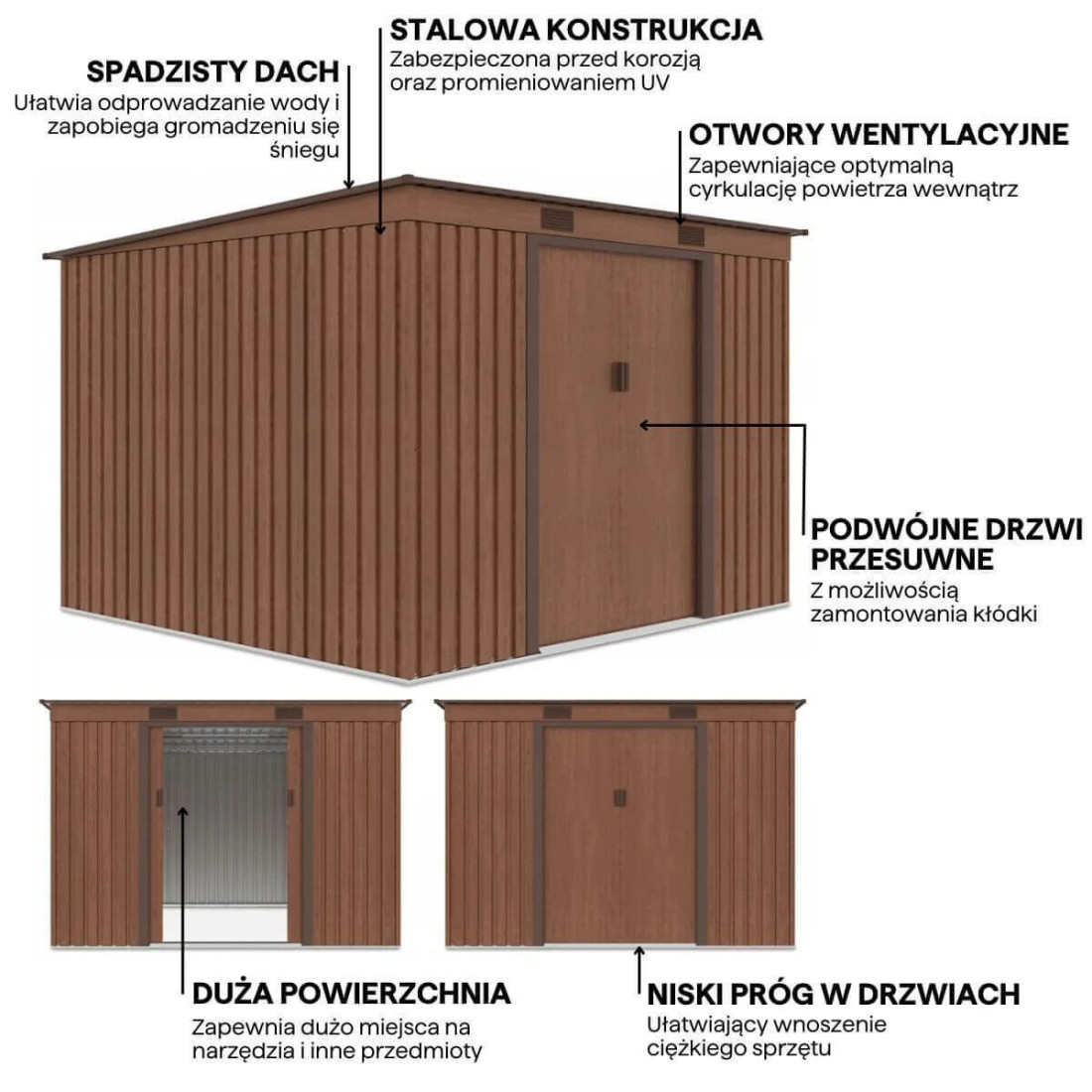 Grafika przedstawiająca detale i funkcje domku narzędziowego OREGON 261x241cm