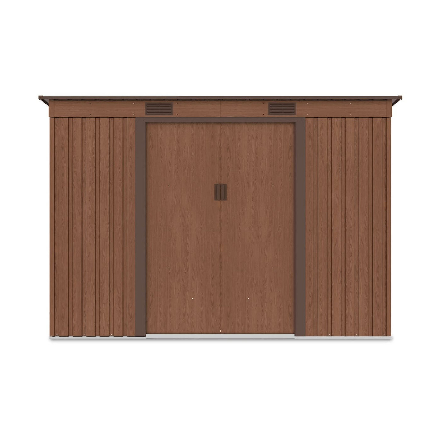 Widok z przodu domku narzędziowego OREGON 261x241cm w kolorze brązowym