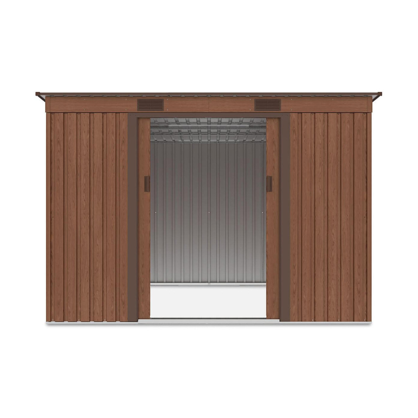 Widok na wnętrze domku narzędziowego OREGON 261x241cm Walnut przez otwarte drzwi