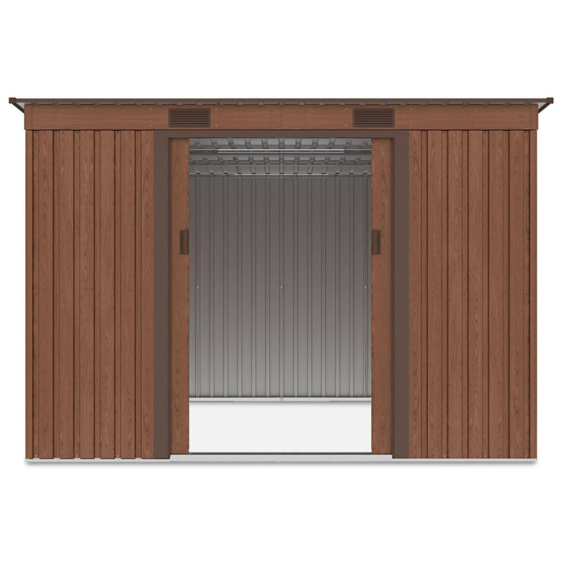 Widok na wnętrze domku narzędziowego OREGON 261x241cm Walnut przez otwarte drzwi