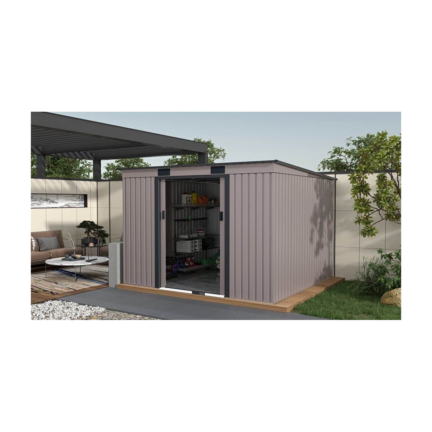 Aranżacja w ogrodzie narzędziowni OREGON 261x241cm w ciepło szarym odcieniu