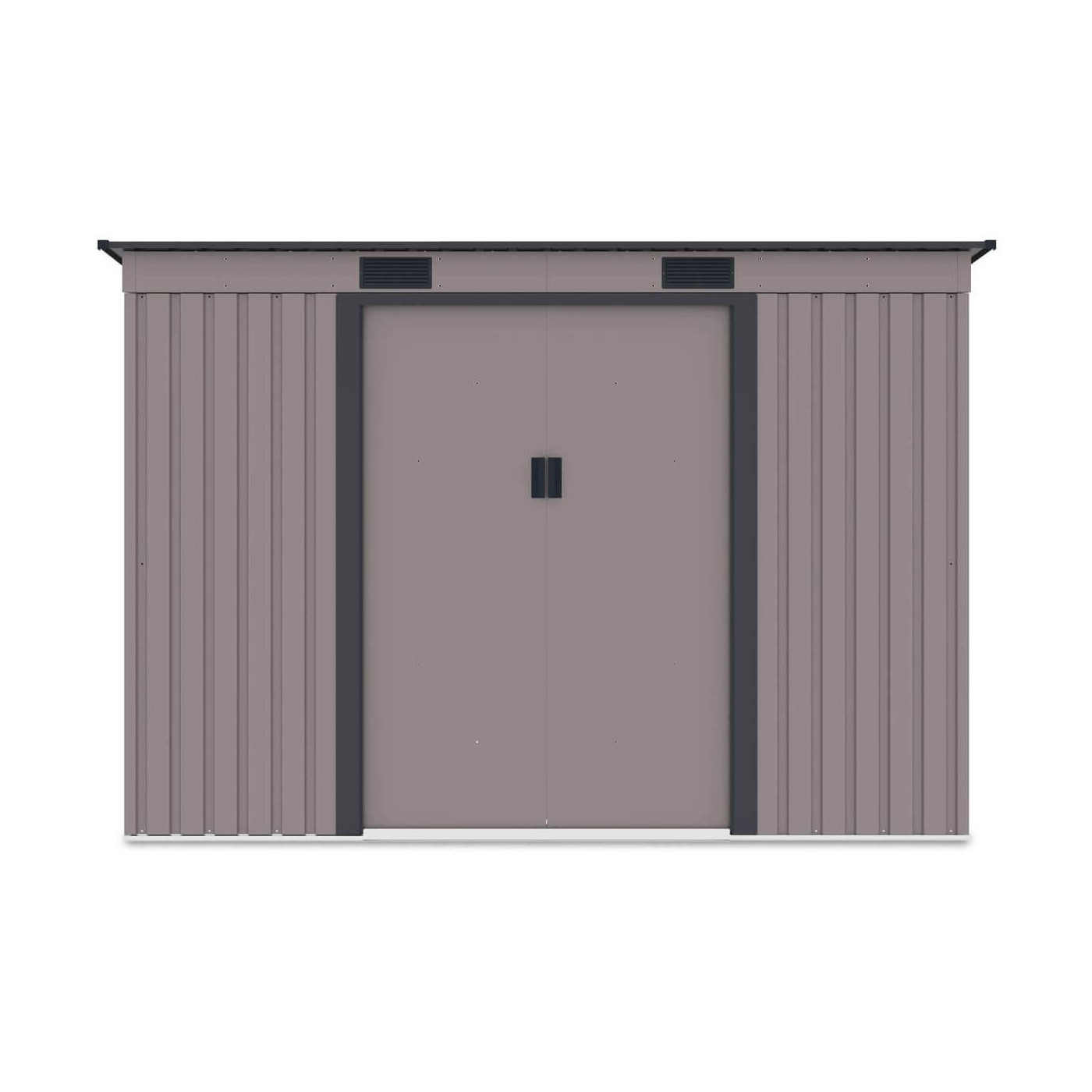 Widok z przodu domku narzędziowego OREGON 261x241cm w kolorze ciepło szarym