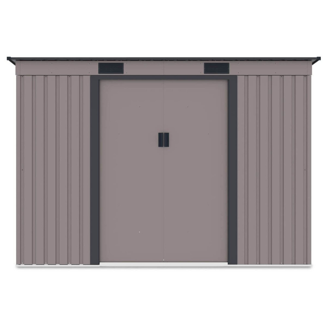 Widok z przodu domku narzędziowego OREGON 261x241cm w kolorze ciepło szarym