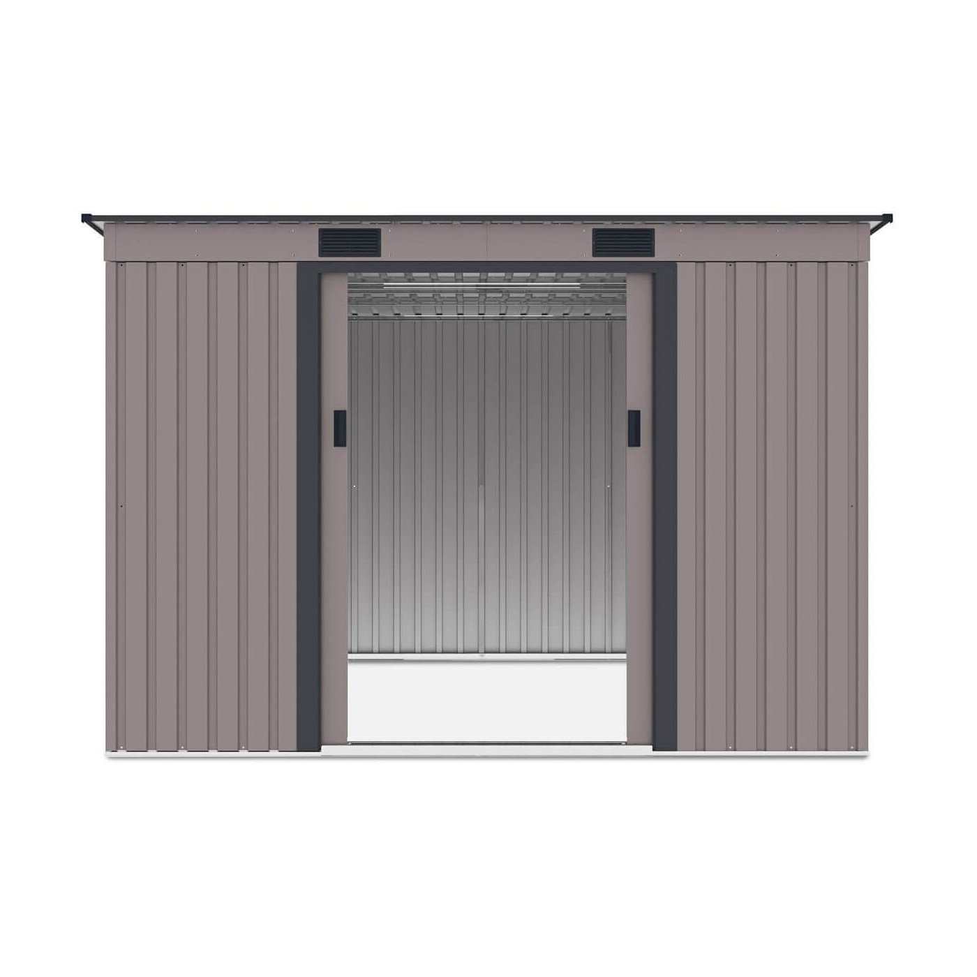 Widok na wnętrze domku narzędziowego OREGON 261x241cm Warm Grey przez otwarte drzwi