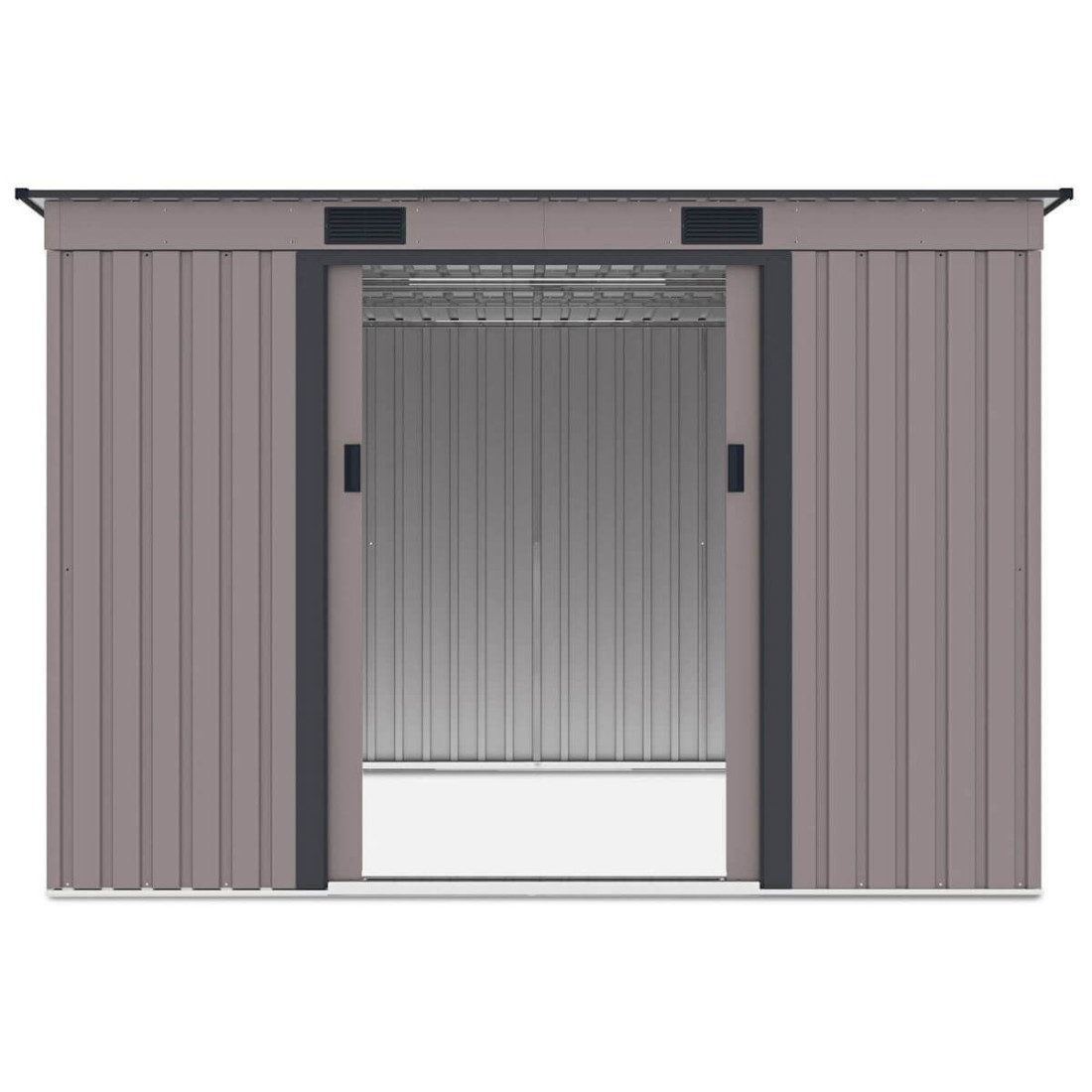 Widok na wnętrze domku narzędziowego OREGON 261x241cm Warm Grey przez otwarte drzwi