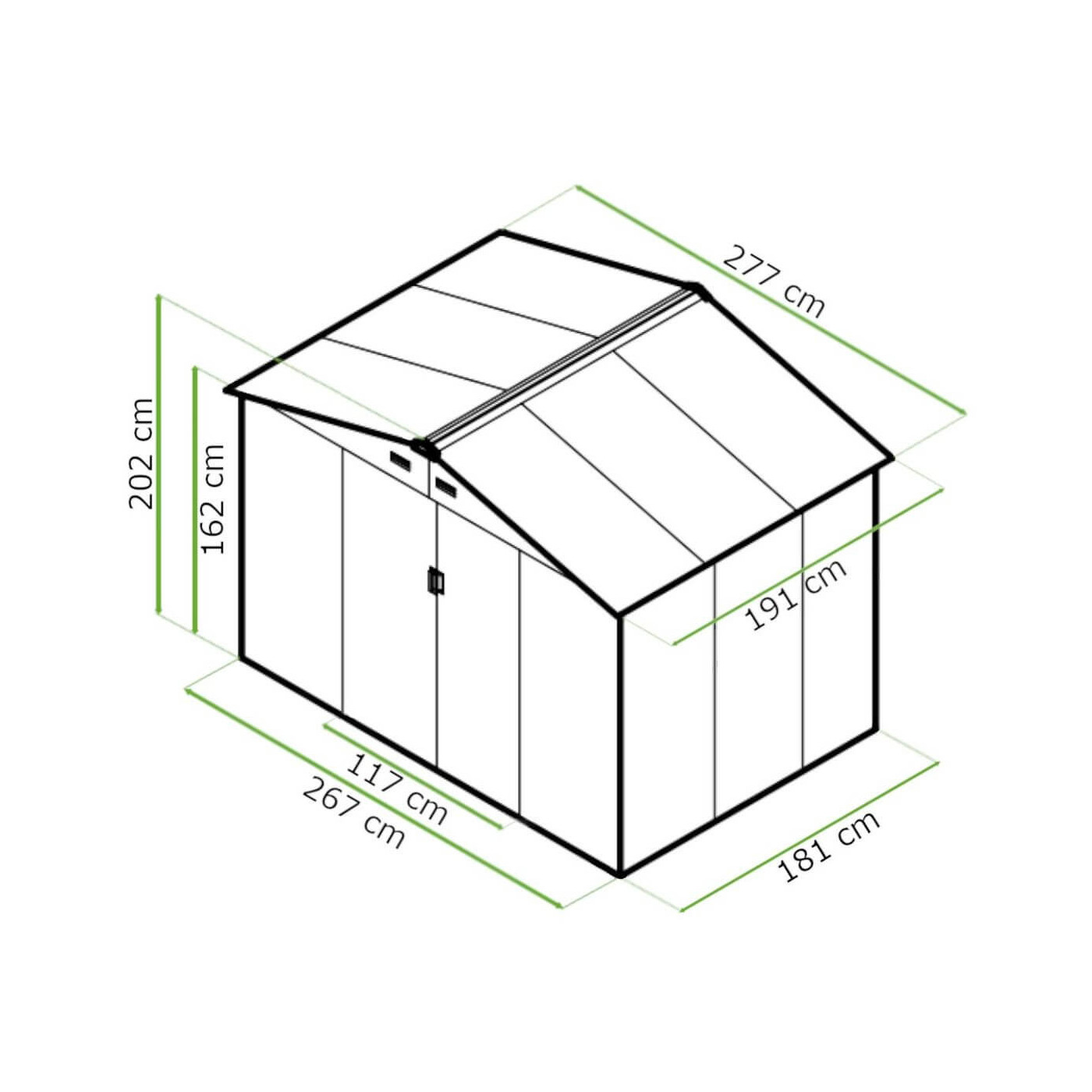 Rzut z wymiarami domku narzędziowego HUDSON 277x191cm Oak Grey