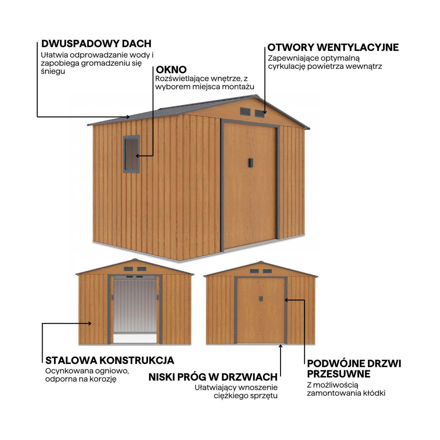 Grafika z detalami i cechami domku narzędziowego HUDSON 277x191