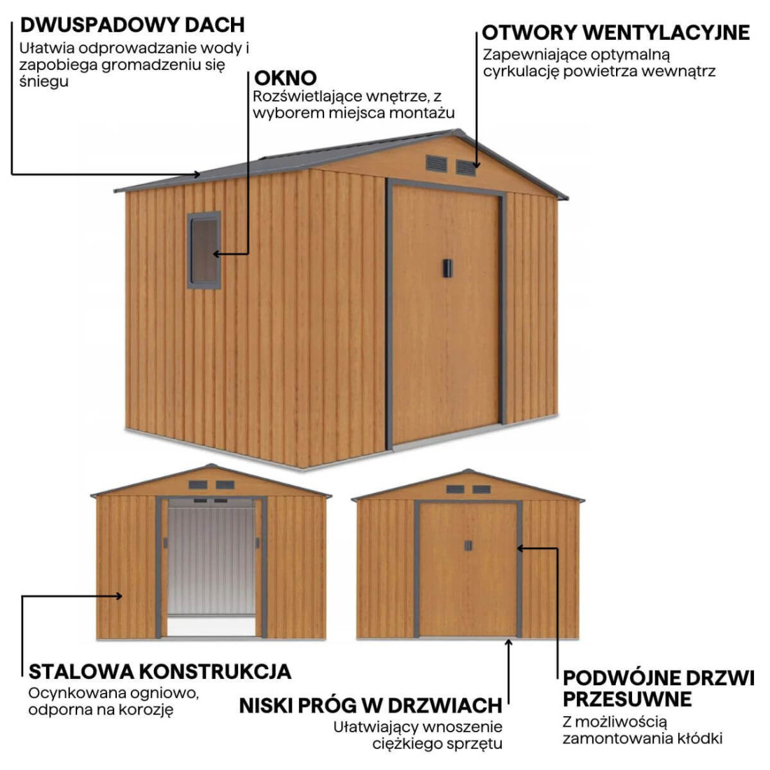Grafika z detalami i cechami domku narzędziowego HUDSON 277x191