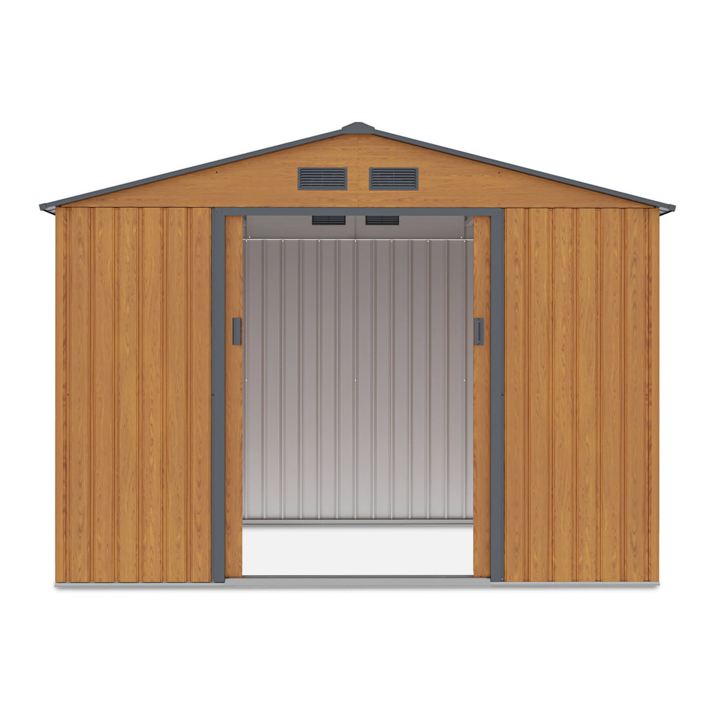 Przód domku narzędziowego Hudson 277x191 cm, otwarte drzwi domku, widok na wnętrze domku