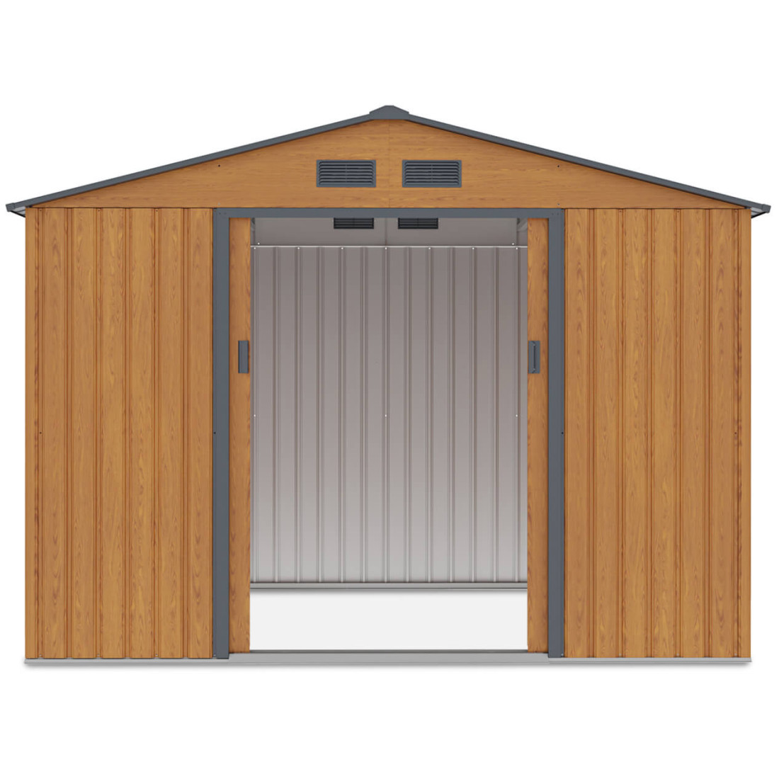 Przód domku narzędziowego Hudson 277x191 cm, otwarte drzwi domku, widok na wnętrze domku