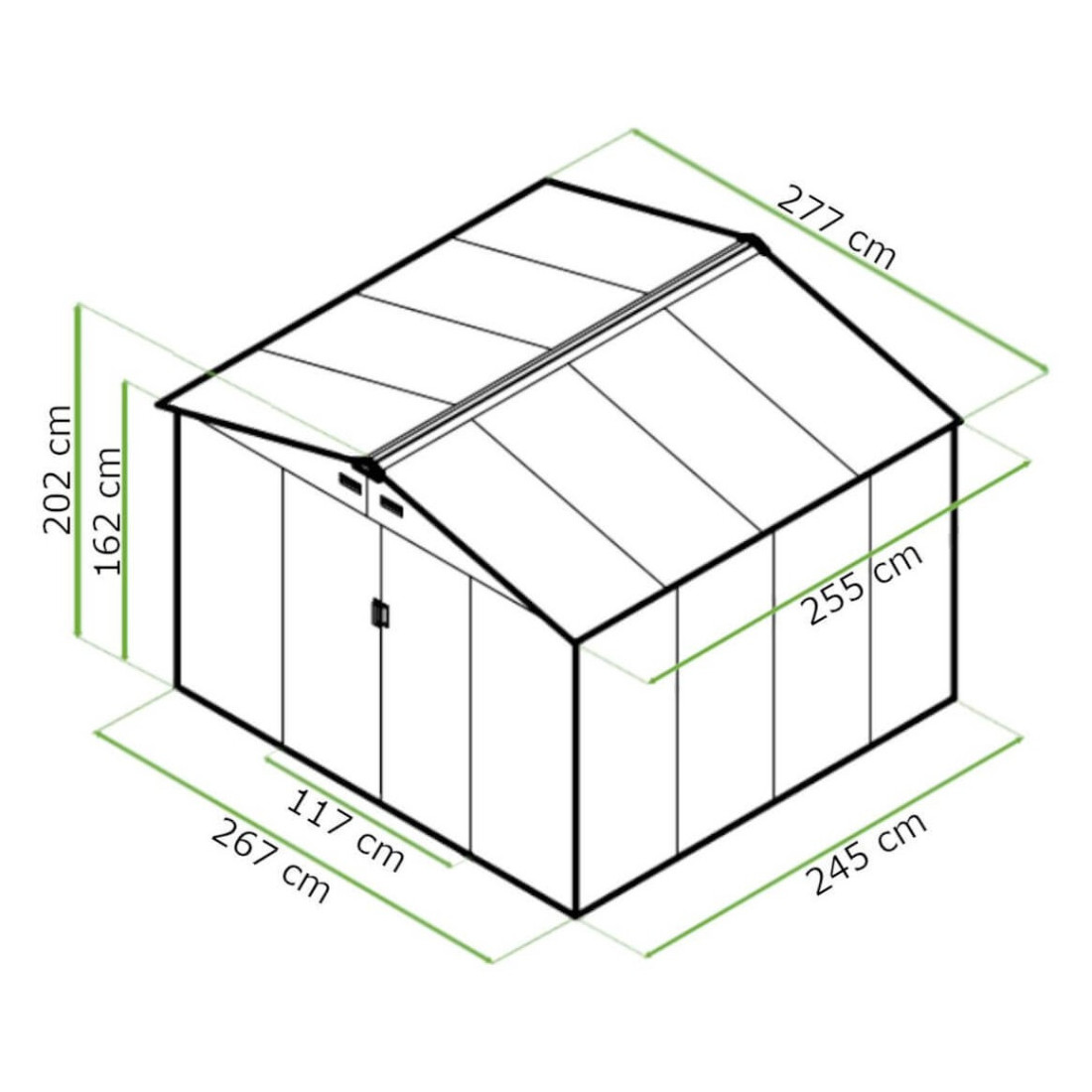 Rycina z wymiarami domku metalowego HUDSON 277x255cm