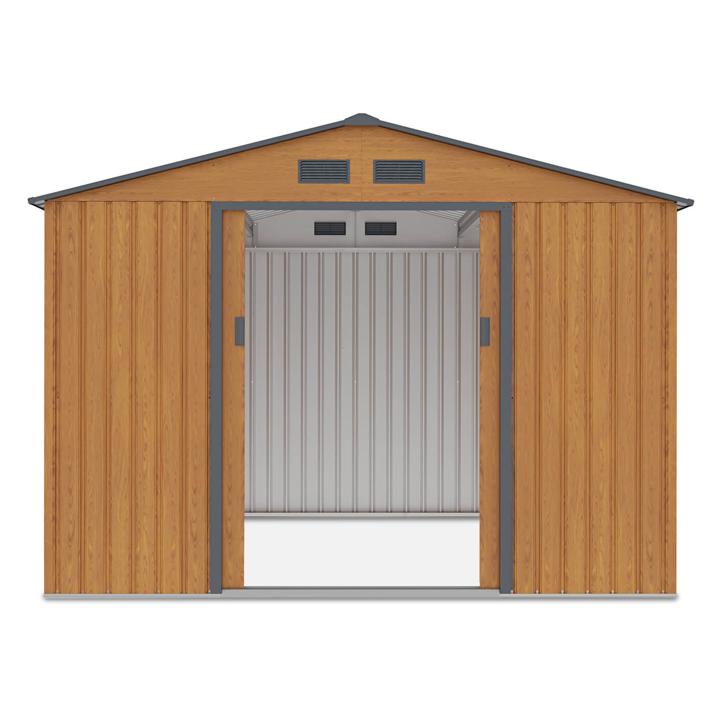 Domek narzędziowy HUDSON 277x255cm Oak Grey - otwarte drzwi, widok na wnętrze