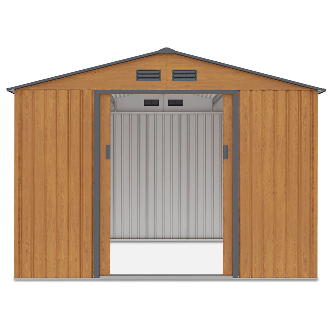 Domek narzędziowy HUDSON 277x255cm Oak Grey - otwarte drzwi, widok na wnętrze