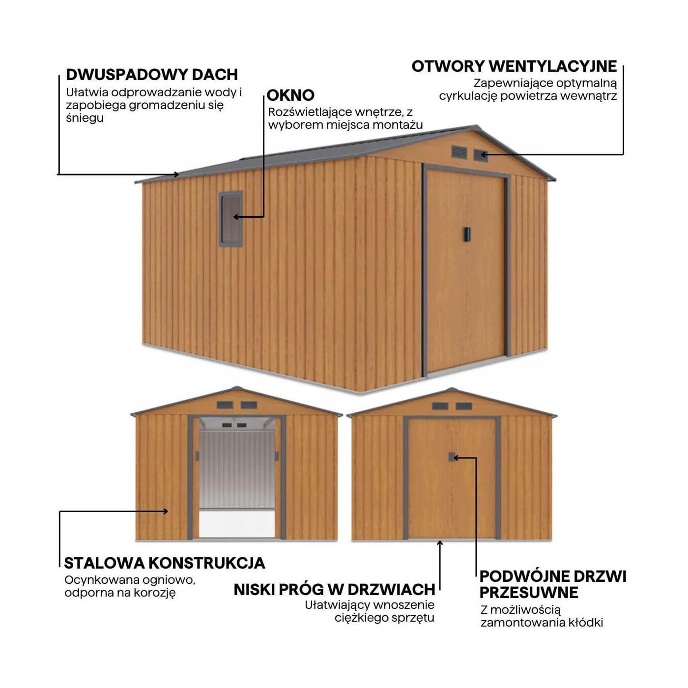 Grafika z detalami i cechami domku narzędziowego HUDSON 277x319