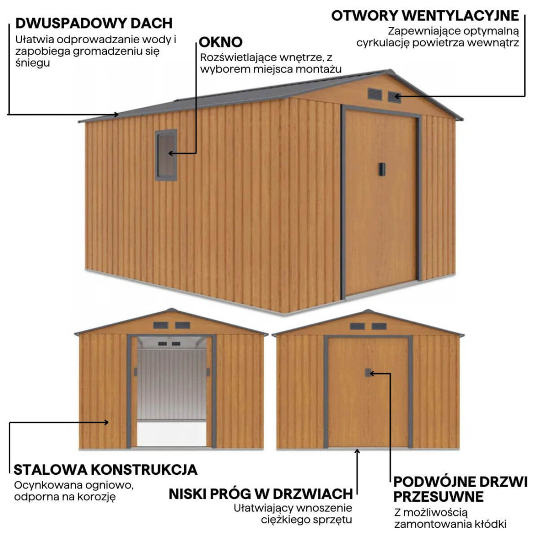 Grafika z detalami i cechami domku narzędziowego HUDSON 277x319