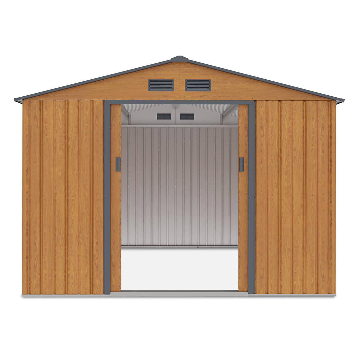 Widok na przednią ścianę domku narzędziowego Hudson, otwarte drzwi, widok na wnętrze 