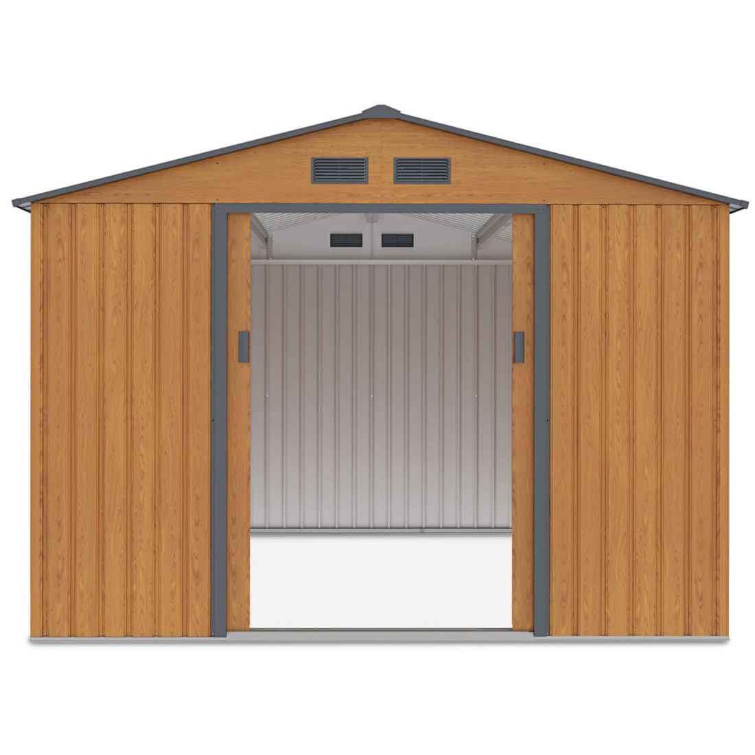 Widok na przednią ścianę domku narzędziowego Hudson, otwarte drzwi, widok na wnętrze 