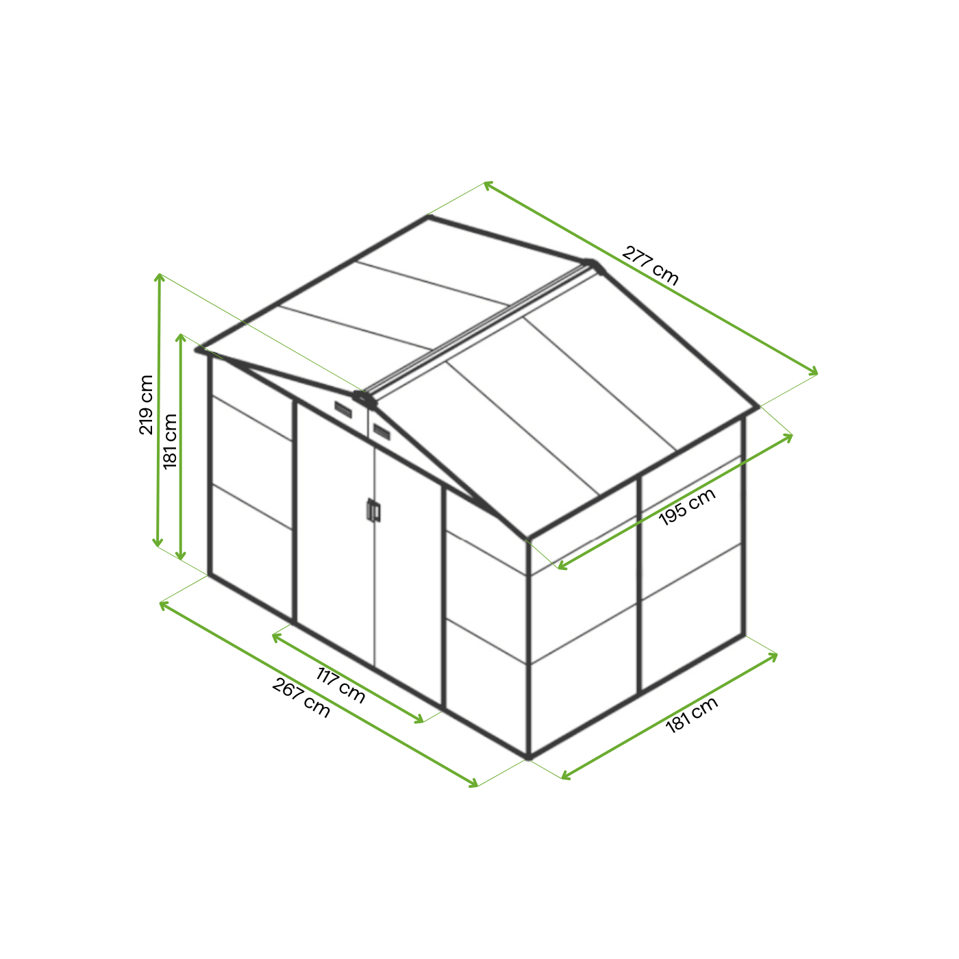 Rycina z wymiarami domku narzędziowego MONTREAL 277x195cm