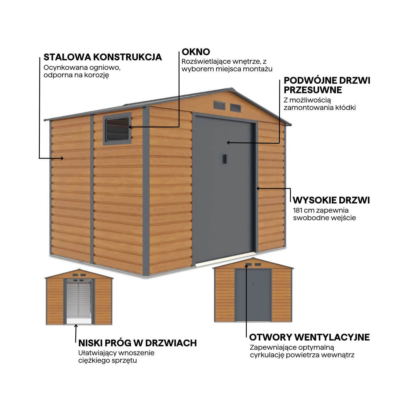 Grafika z detalami i cechami domku narzędziowego MONTREAL 277x195cm